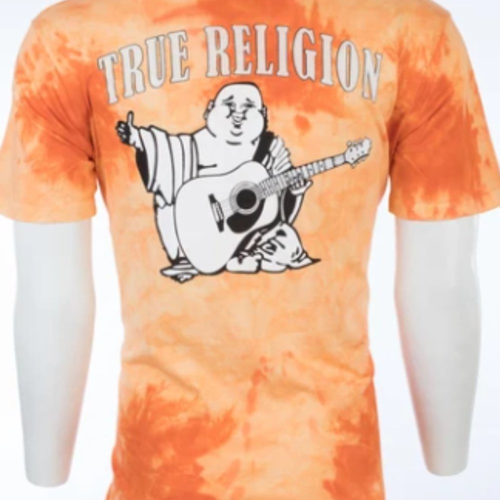 TRUE RELIGION Mens Short Sleeve BUDDHA LOGO Crewneck TIE DYE T-Shirt (Orange)